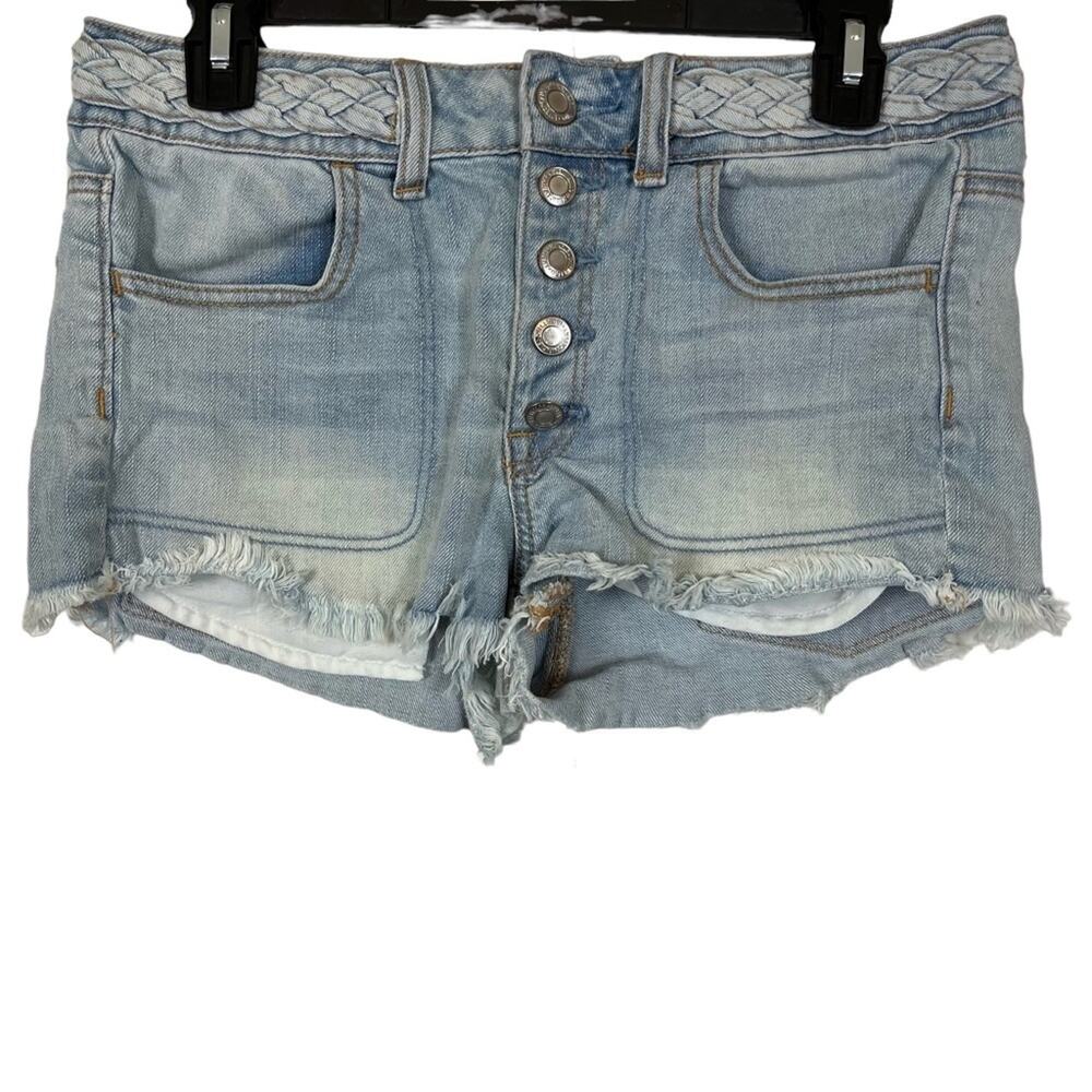 AMERICAN EAGLE OUTFITTERS Hi Rise SHORTIE Button Fly Distressed Jean Shorts sz 6